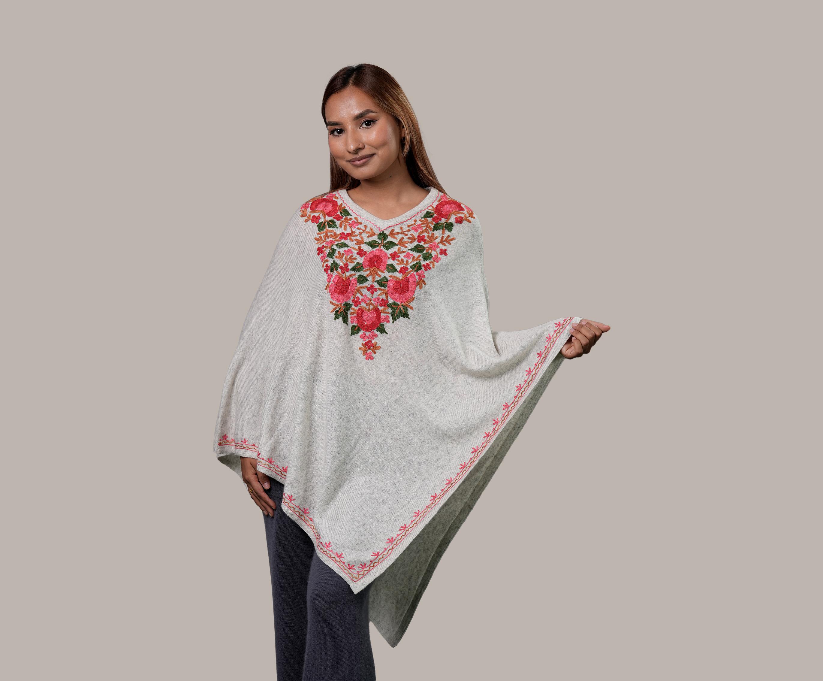 Pure Cashmere Hand-Embroidered Poncho Shawl