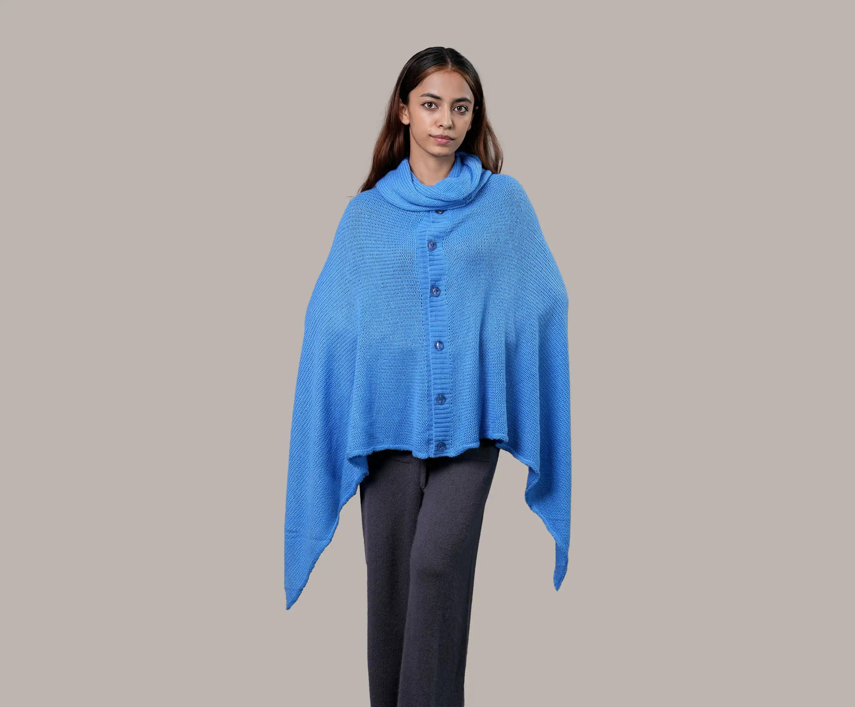 Women's Cashmere High-Neck Button Poncho - Net Jumper Poncho