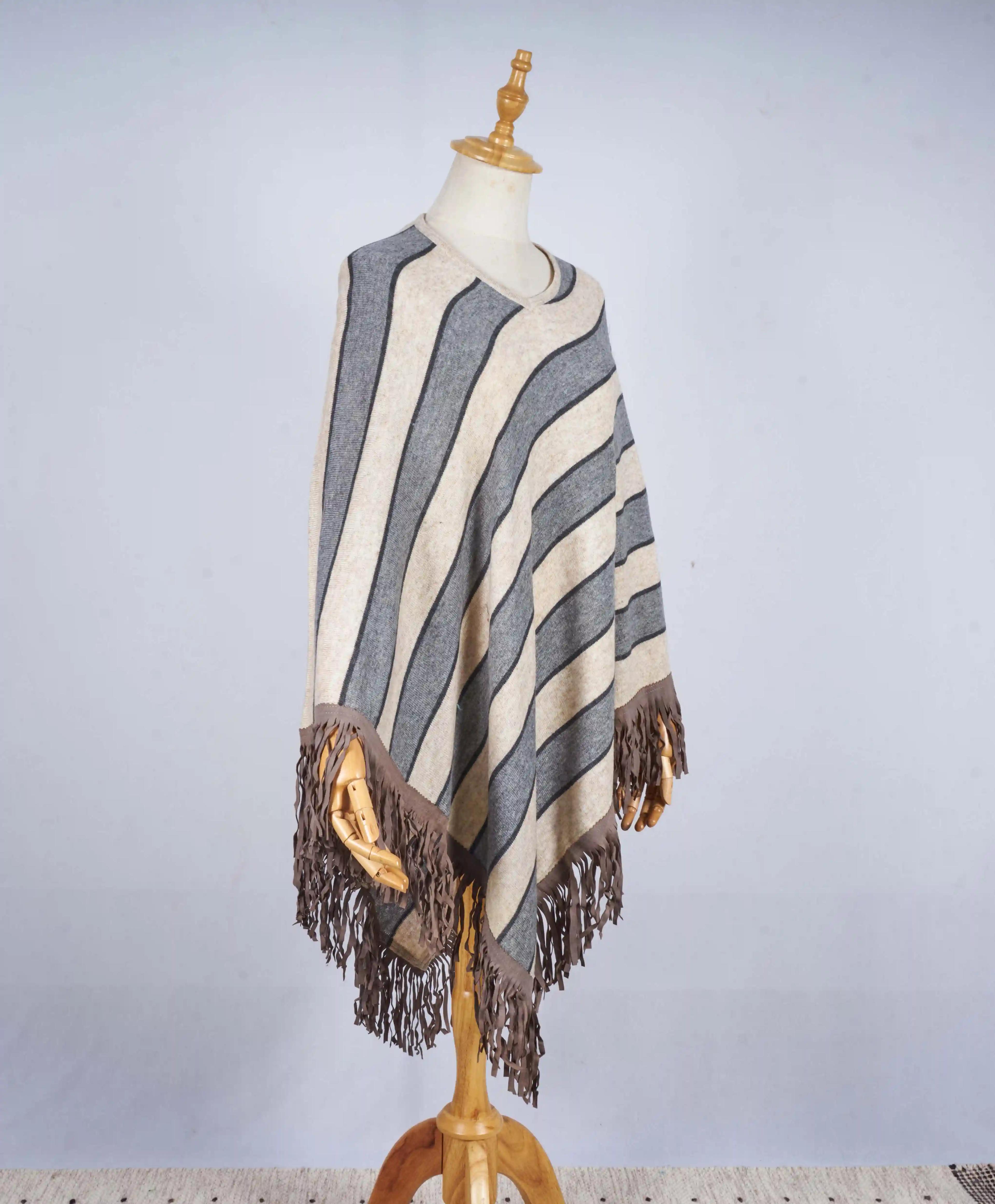 Cashmere Striped Leather Poncho Sweater For Women