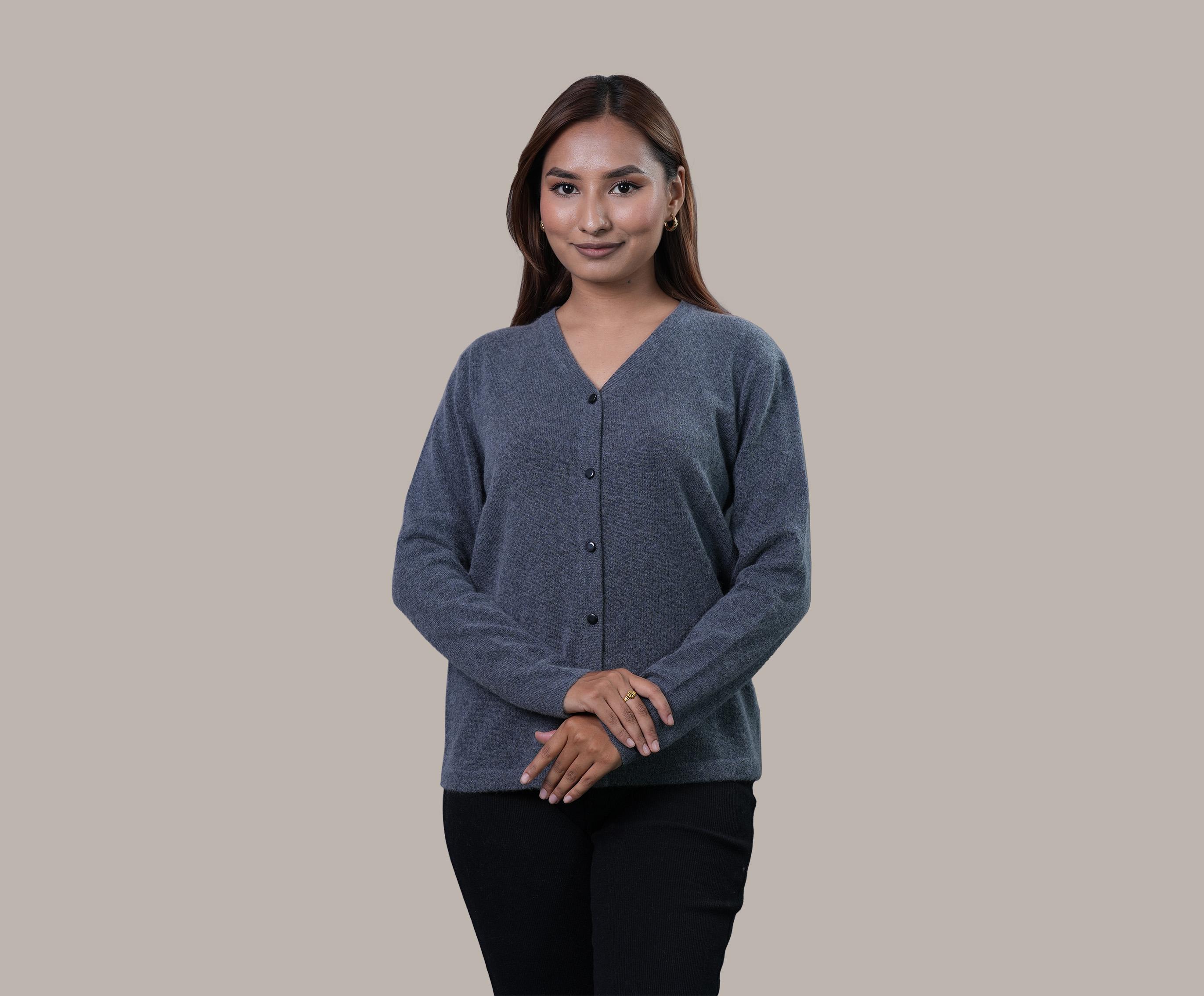 Women's Cashmere Cardigan - V Neck with Plain Blue & Grey