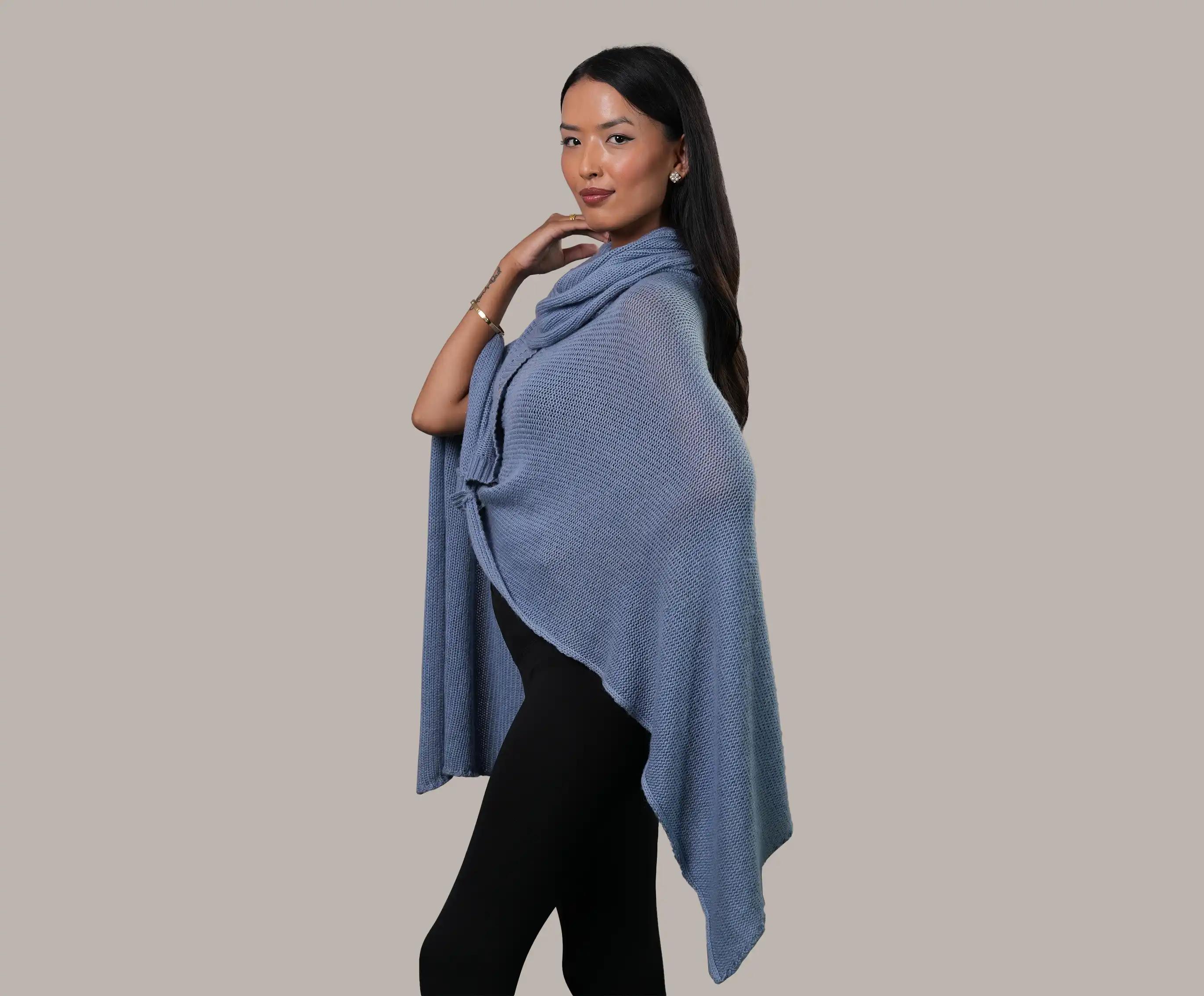 Women's Cashmere High-Neck Button Poncho - Net Jumper Poncho