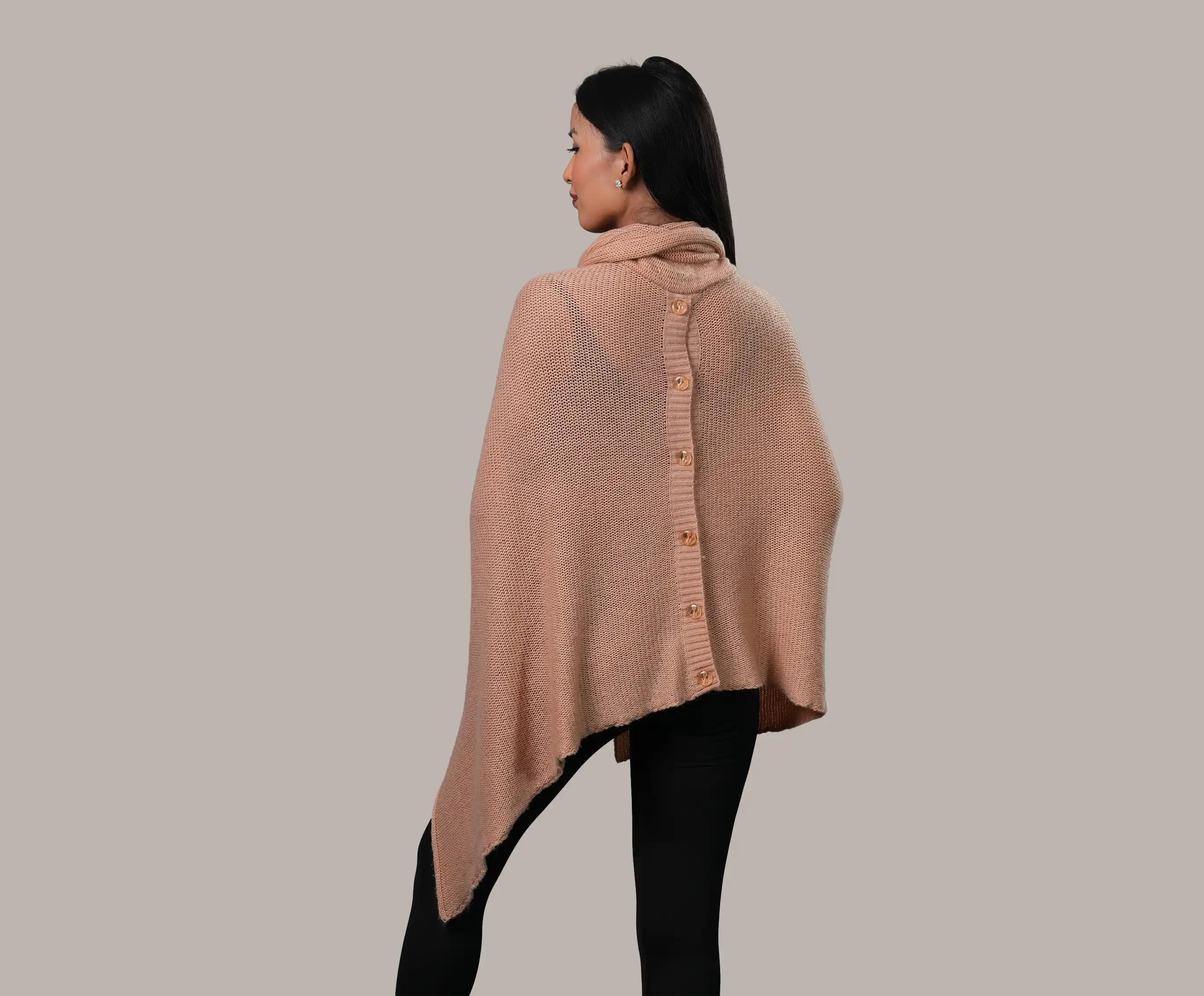 Women's Cashmere High-Neck Button Poncho - Net Jumper Poncho
